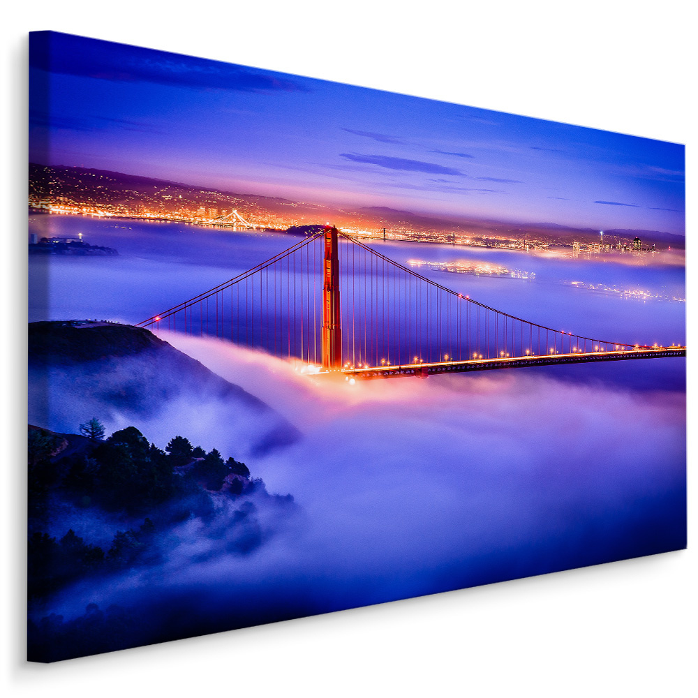 Schilderij Golden Gate Bridge in de avond, blauw/paars, 4 maten, premium print Schilderij Golden Gate Bridge in de avond, blauw/paars, 4 maten, premium print