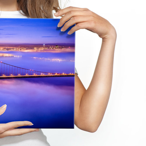 Schilderij Golden Gate Bridge in de avond, blauw/paars, 4 maten, premium print