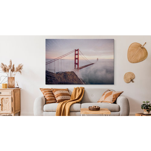 Schilderij - Golden Gate Bridge in de mist, multi-gekleurd, 4 maten, premium print