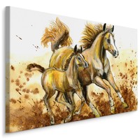 Schilderij - Veulen en merrie (print op canvas), bruin/beige, 4 maten, wanddecoratie