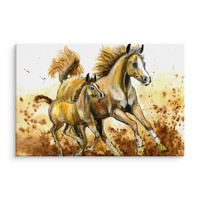 Schilderij - Veulen en merrie (print op canvas), bruin/beige, 4 maten, wanddecoratie