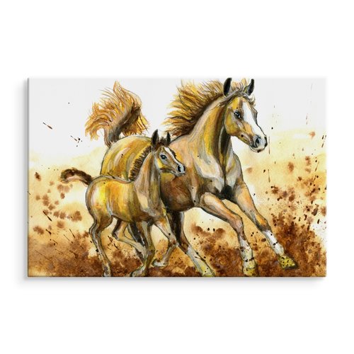 Schilderij - Veulen en merrie (print op canvas), bruin/beige, 4 maten, wanddecoratie