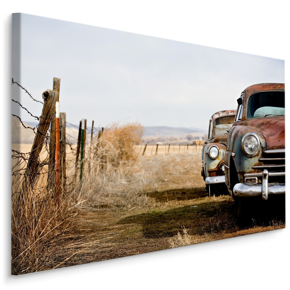 Schilderij - Vintage auto&apos;s, bruin/blauw, 4 maten, wanddecoratie afbeelding