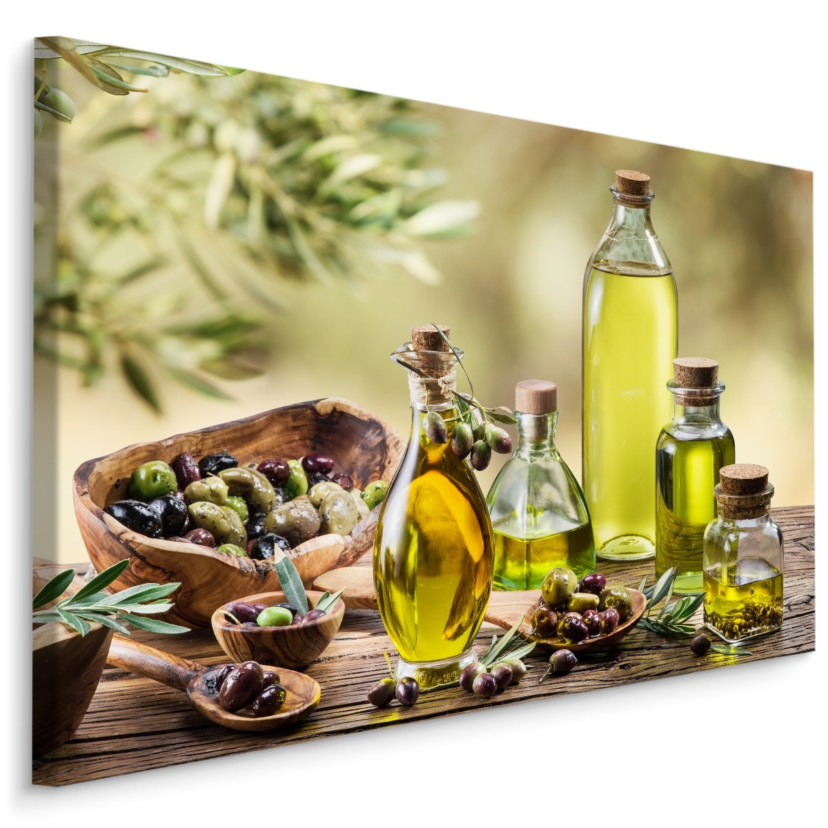 Schilderij - Olijfolie en olijven, groen/bruin, 4 maten, wanddecoratie