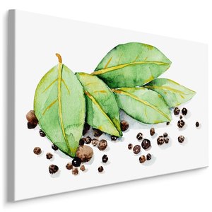 Schilderij - Laurierbladeren en kruiden (print op canvas), groen/bruin, 4 maten, premium print Schilderij - Laurierbladeren en kruiden (print op canvas), groen/bruin, 4 maten, premium print