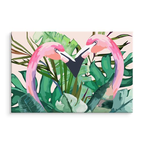 Schilderij - Flamingo's tussen tropische bladeren (print op canvas), roze/groen, 4 maten, premium print