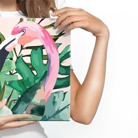 Schilderij - Flamingo's tussen tropische bladeren (print op canvas), roze/groen, 4 maten, premium print