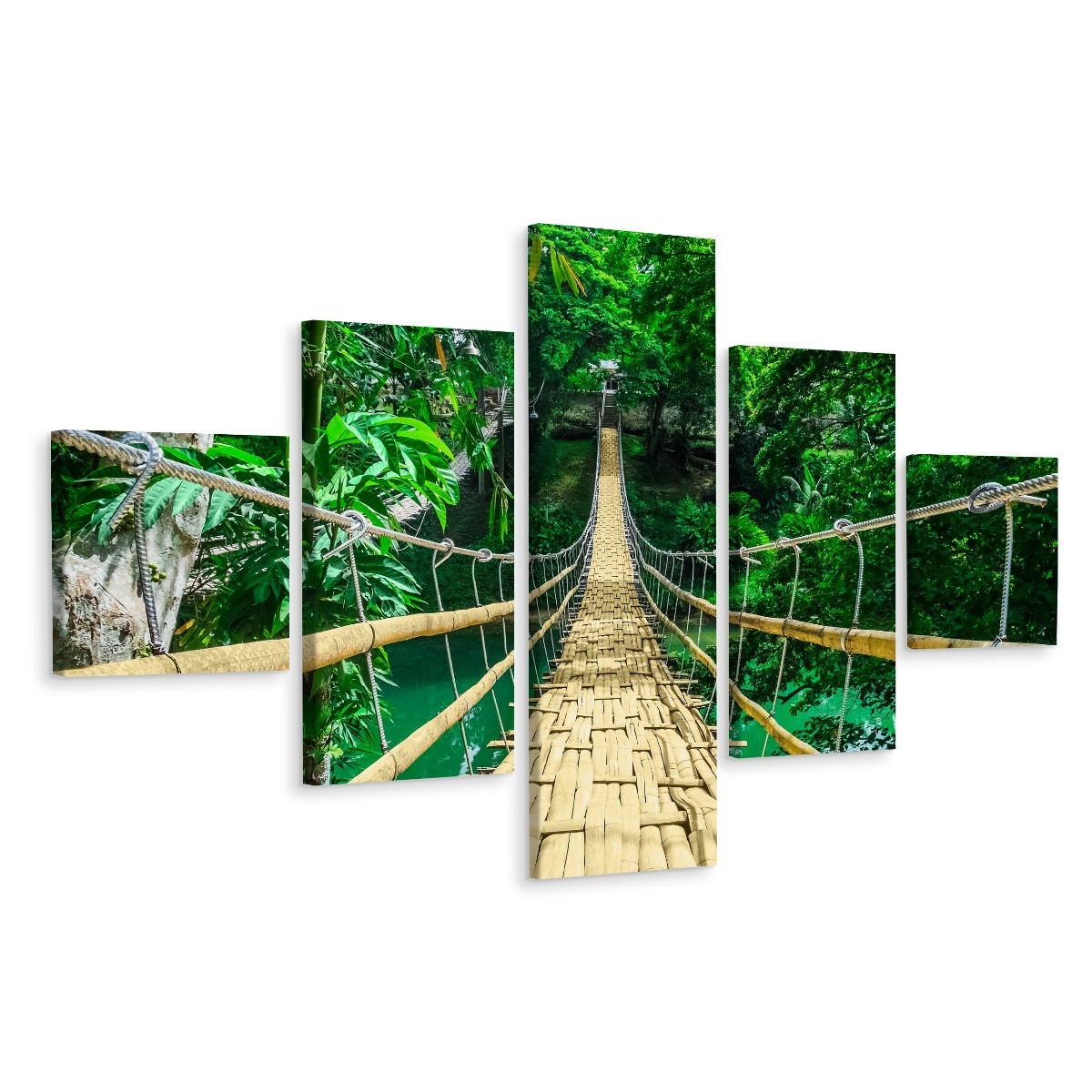 Schilderij - Bamboe loopbrug in een tropisch woud, 5 luik, premium print afbeelding
