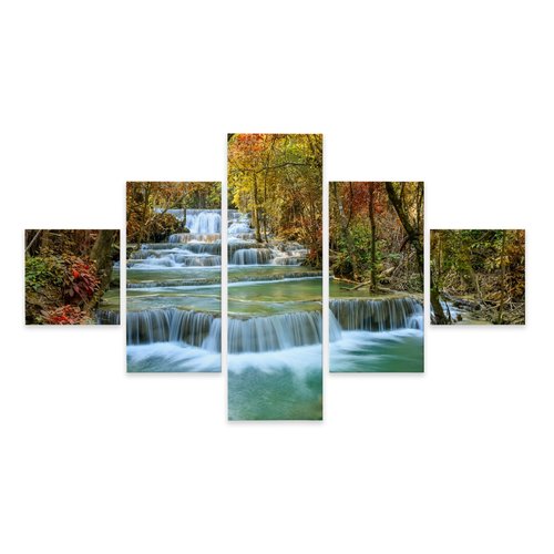 Schilderij - Prachtige waterval in het herfst bos, aanrader van het Karo-art team, 5 luik, premium print