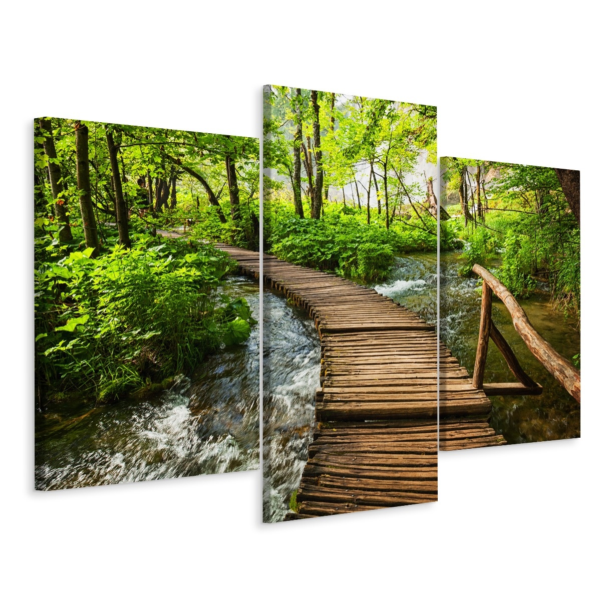 Schilderij - Houten loopbrug in het bos, 3 luik, premium print afbeelding