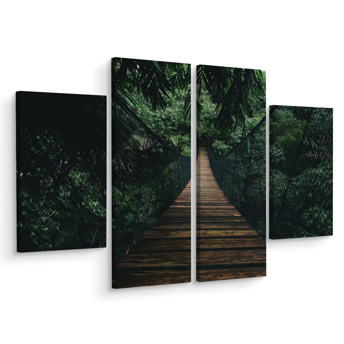 Schilderij - Houten hangbrug in het bos, 4 luik, premium print afbeelding