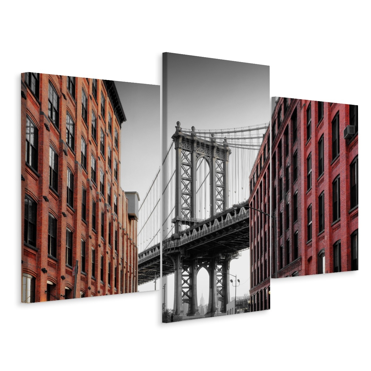 Schilderij - Manhattan Bridge, zicht vanuit Washington Street, 3 luik, premium print afbeelding