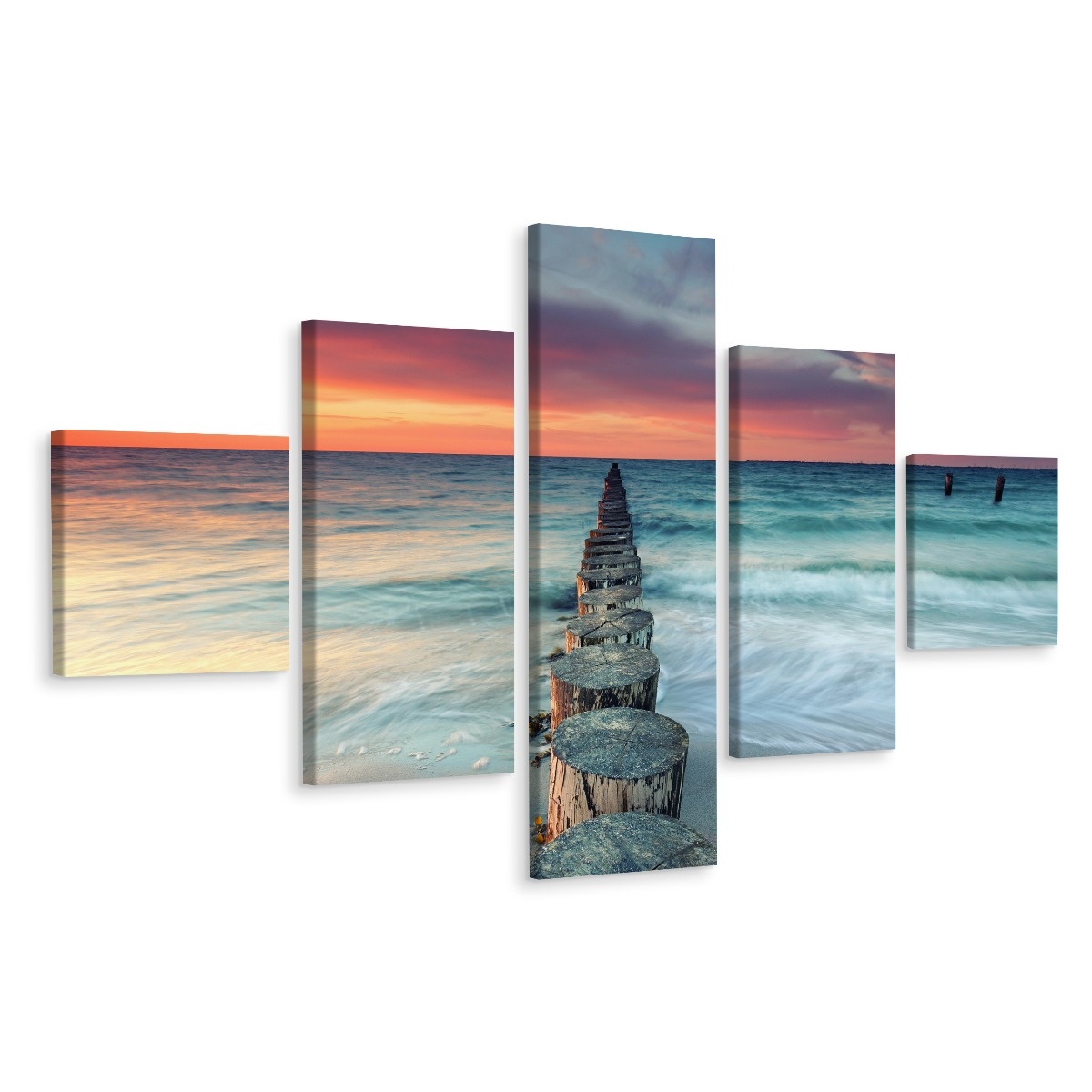 Schilderij - Prachtige zonsondergang over de zee, 5 luik, premium print afbeelding