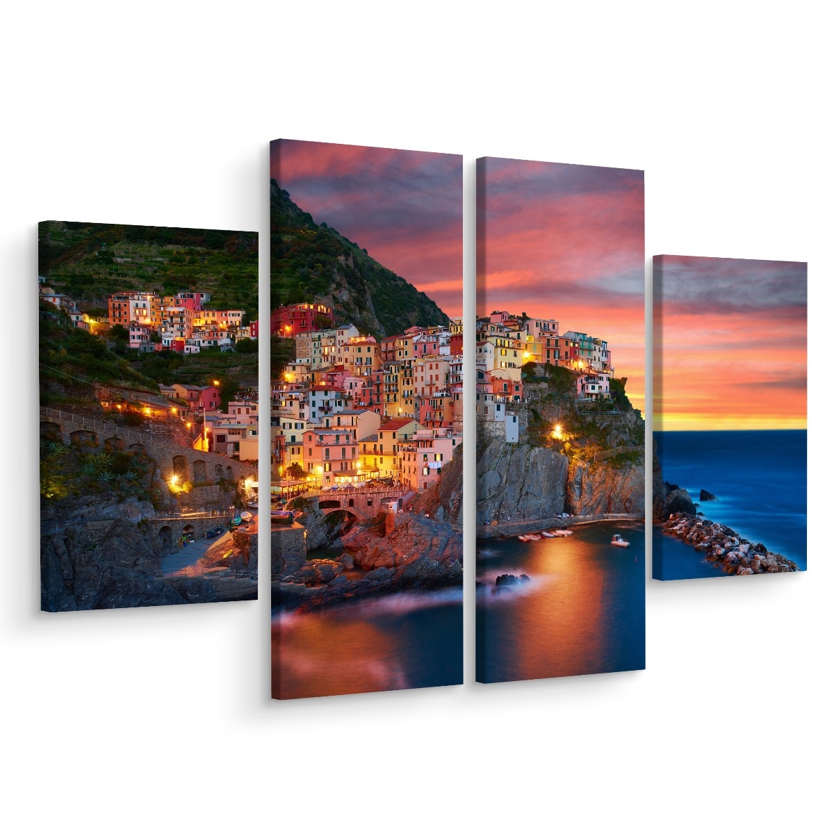 Schilderij - De stad Manarola in Italië, 4 luik, prachtige print afbeelding