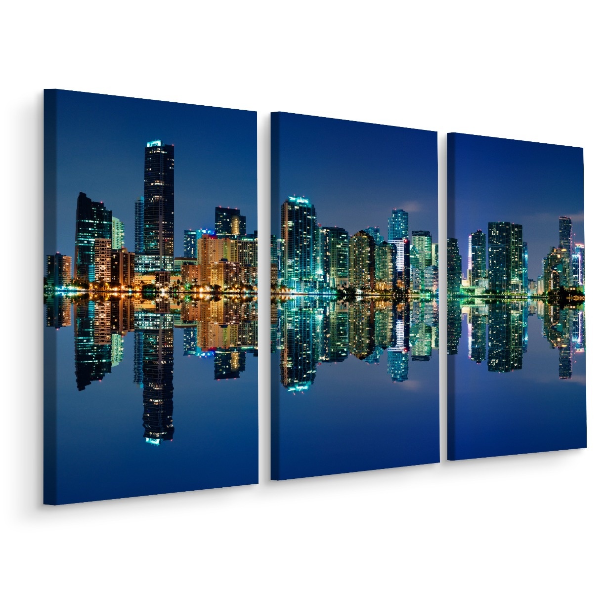 Schilderij - Panorama van Miami bij nacht, 3 luik, premium print van dit prachtige schilderij afbeelding