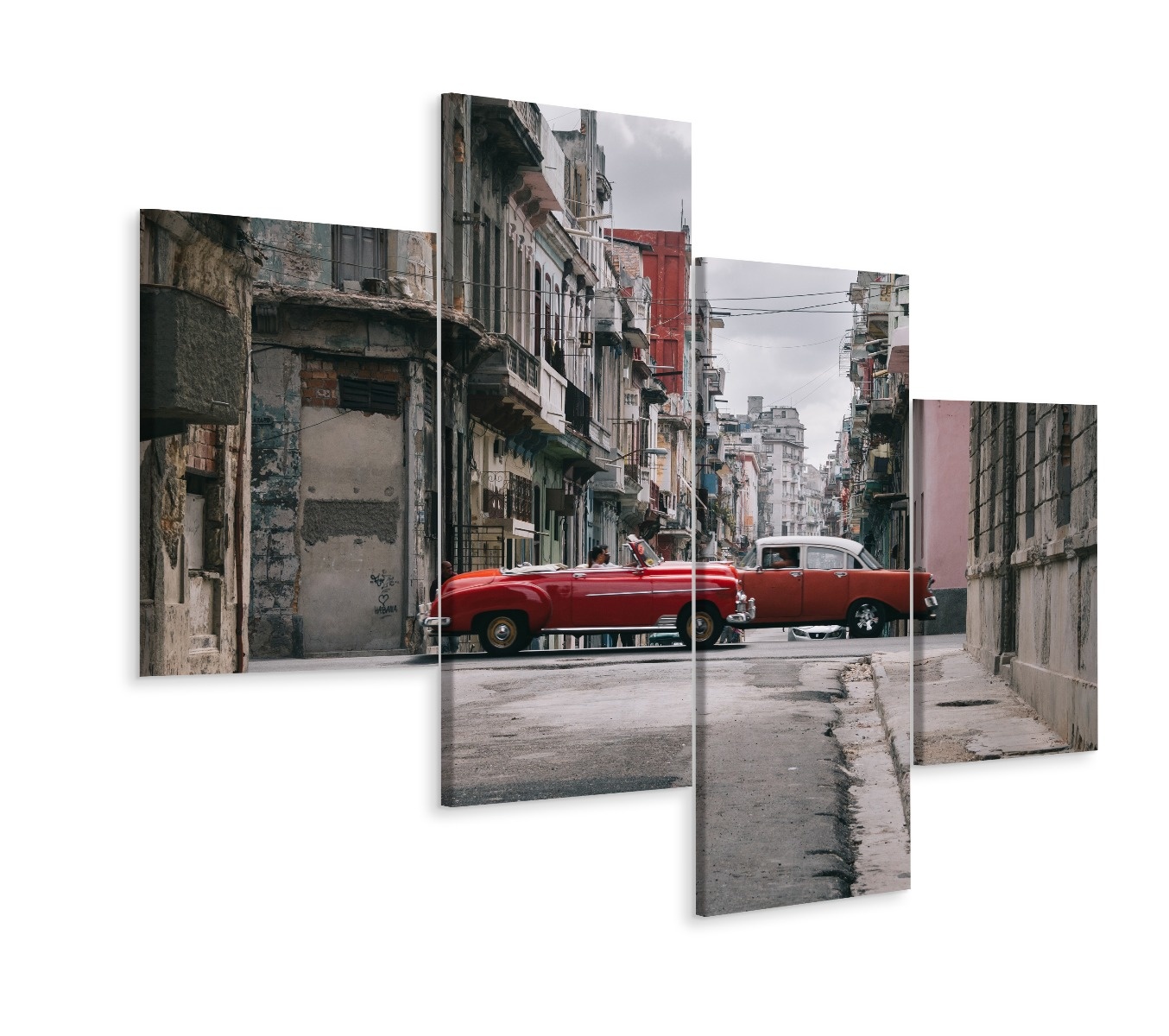 Schilderij - Oldtimers in Cuba, rood, 4 luik, premium print afbeelding