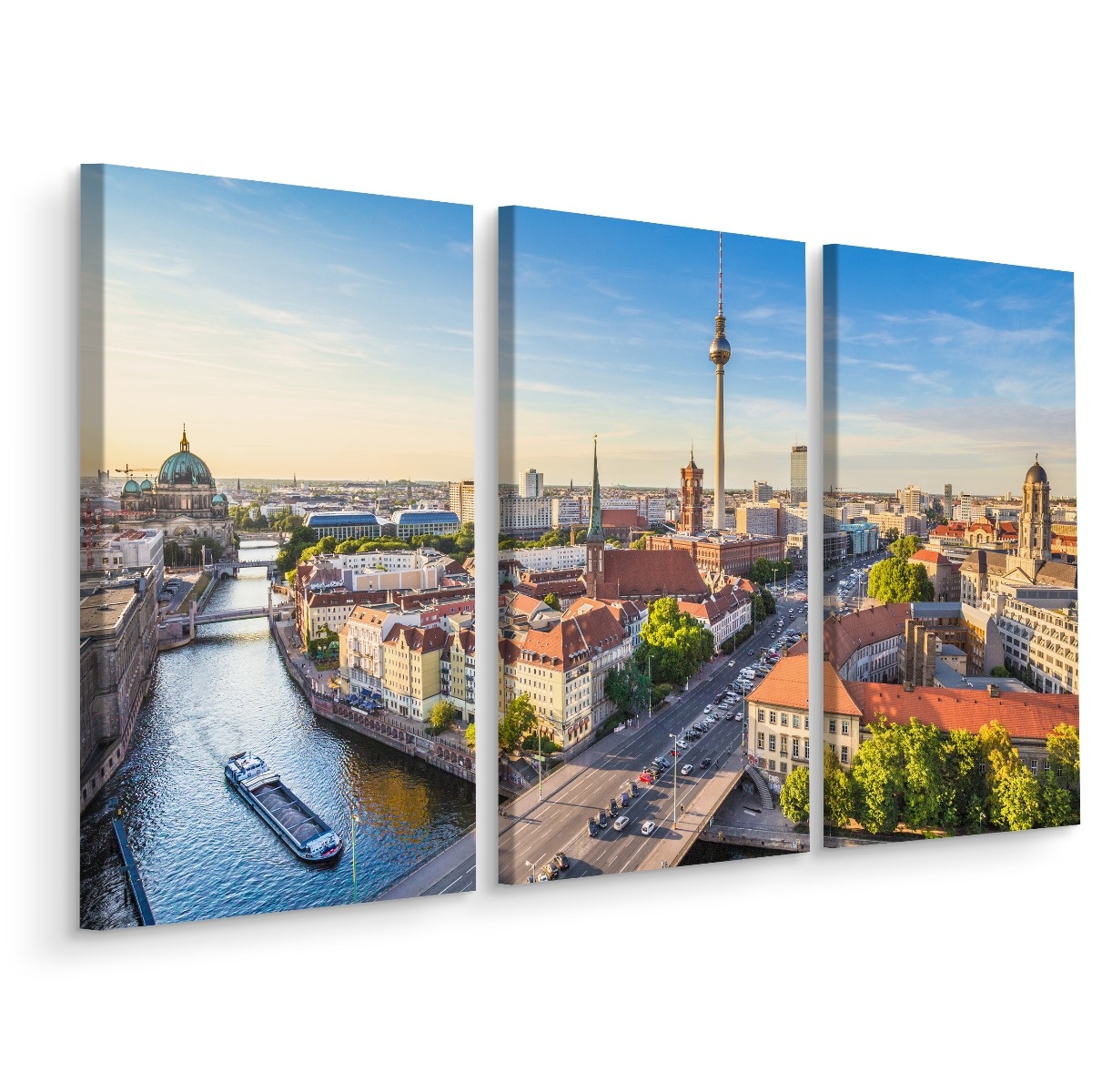 Schilderij - de rivier Spree en zicht op Berlijn, 3 luik, premium print afbeelding
