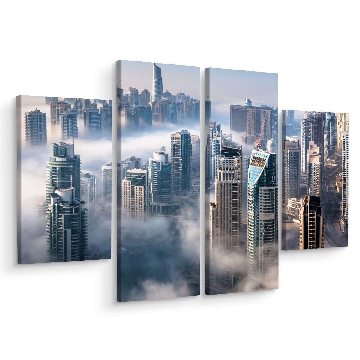 Schilderij - Panorama van Dubai in de mist, 4 luik, prachtige premium print afbeelding