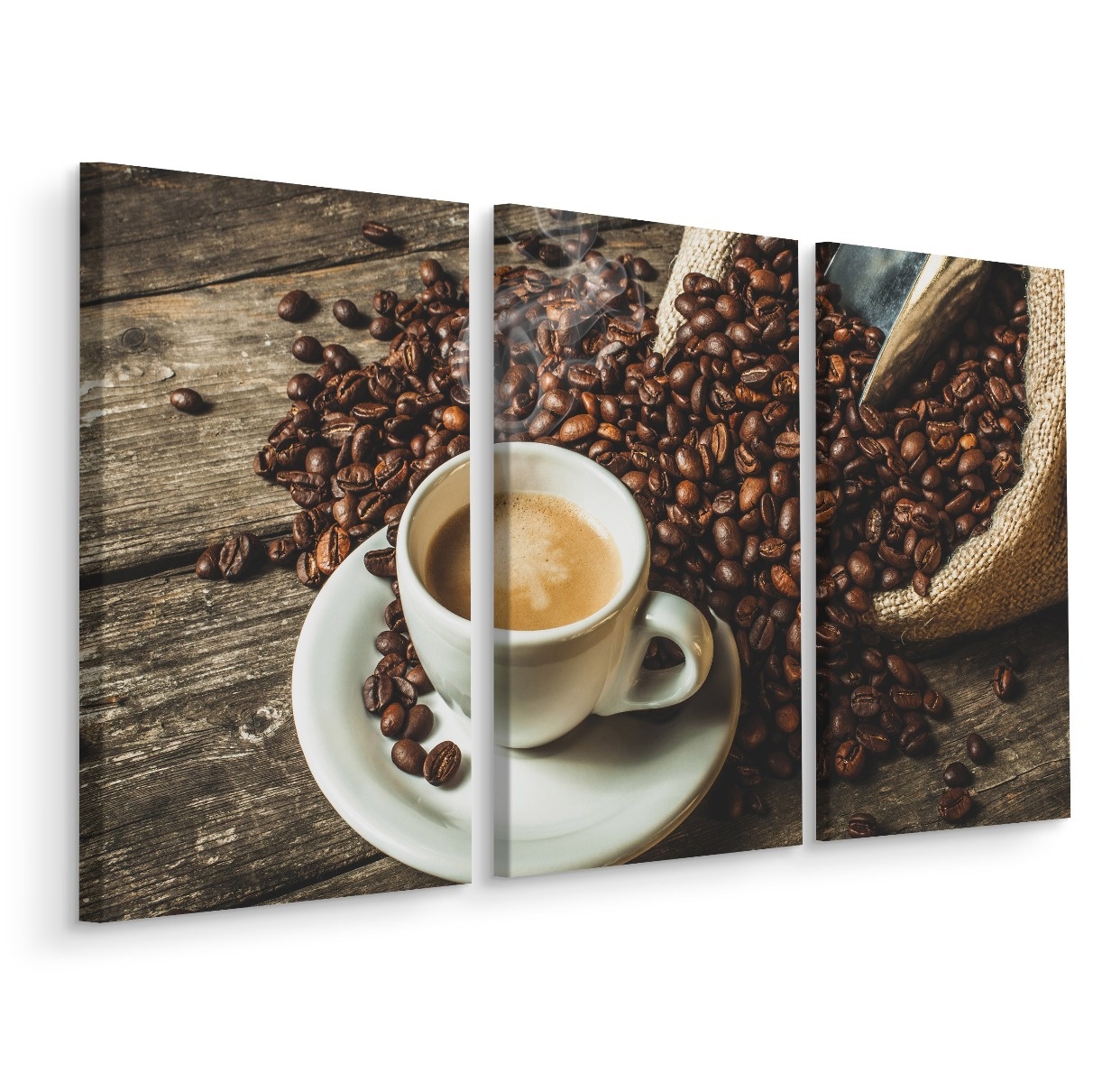 Schilderij - Een kop hete koffie en bonen, horeca, 3 luik, premium print afbeelding