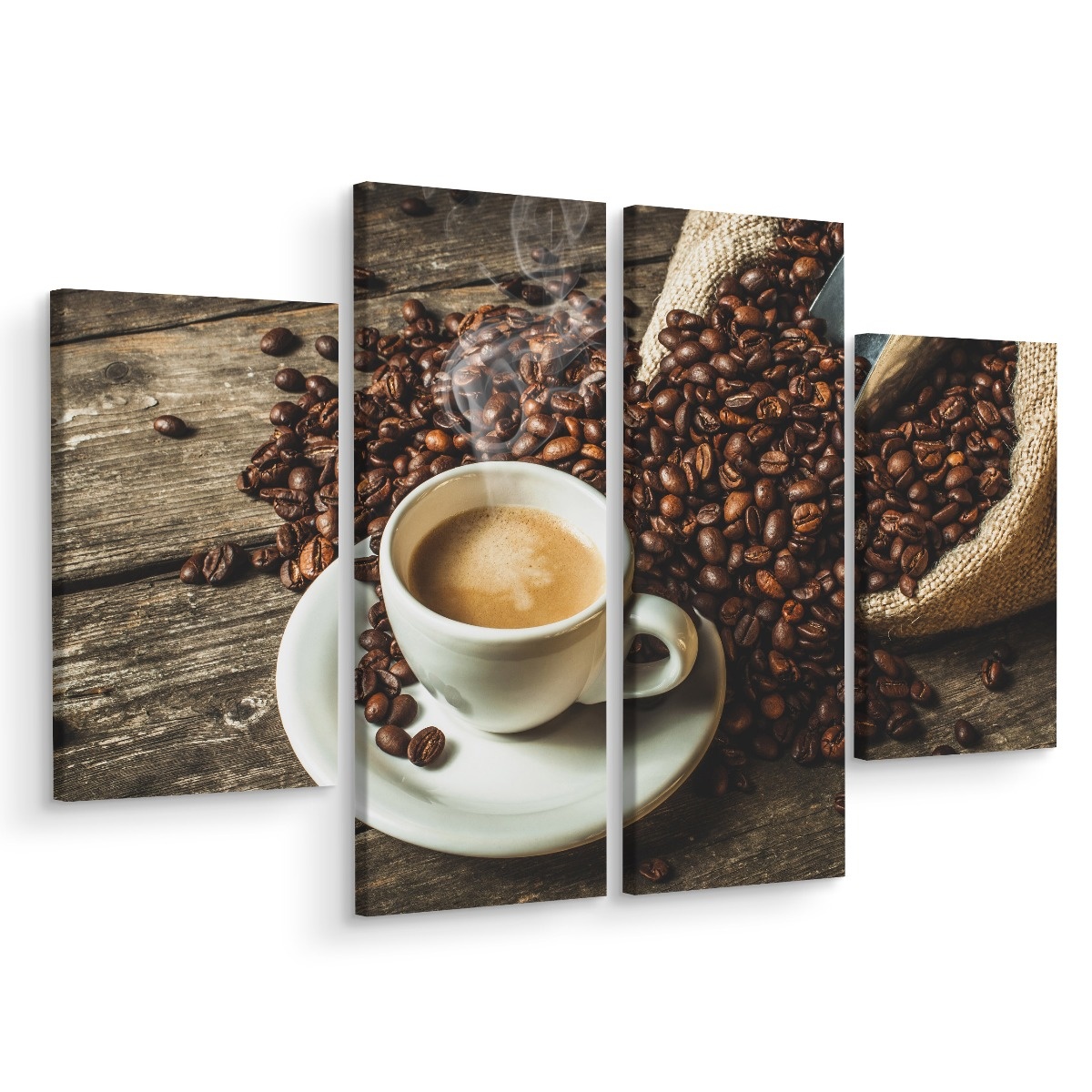 Schilderij - Een kop hete koffie en bonen, horeca, 4 luik, premium print afbeelding