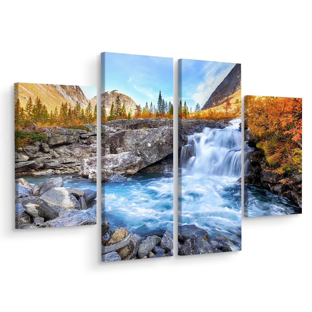Schilderij - Prachtig landschap met waterval, 4 luik, premium print afbeelding