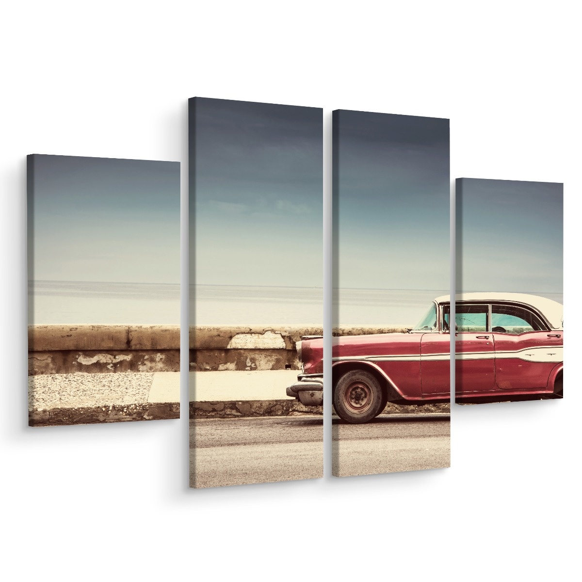 Schilderij - Oldtimer op de weg, 4 luik, premium print afbeelding