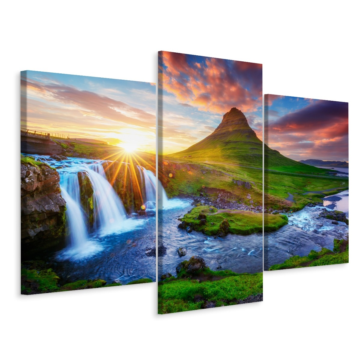 Schilderij - Zicht op de Kirkjufellsfoss Waterval IJsland, 3 luik, premium print afbeelding