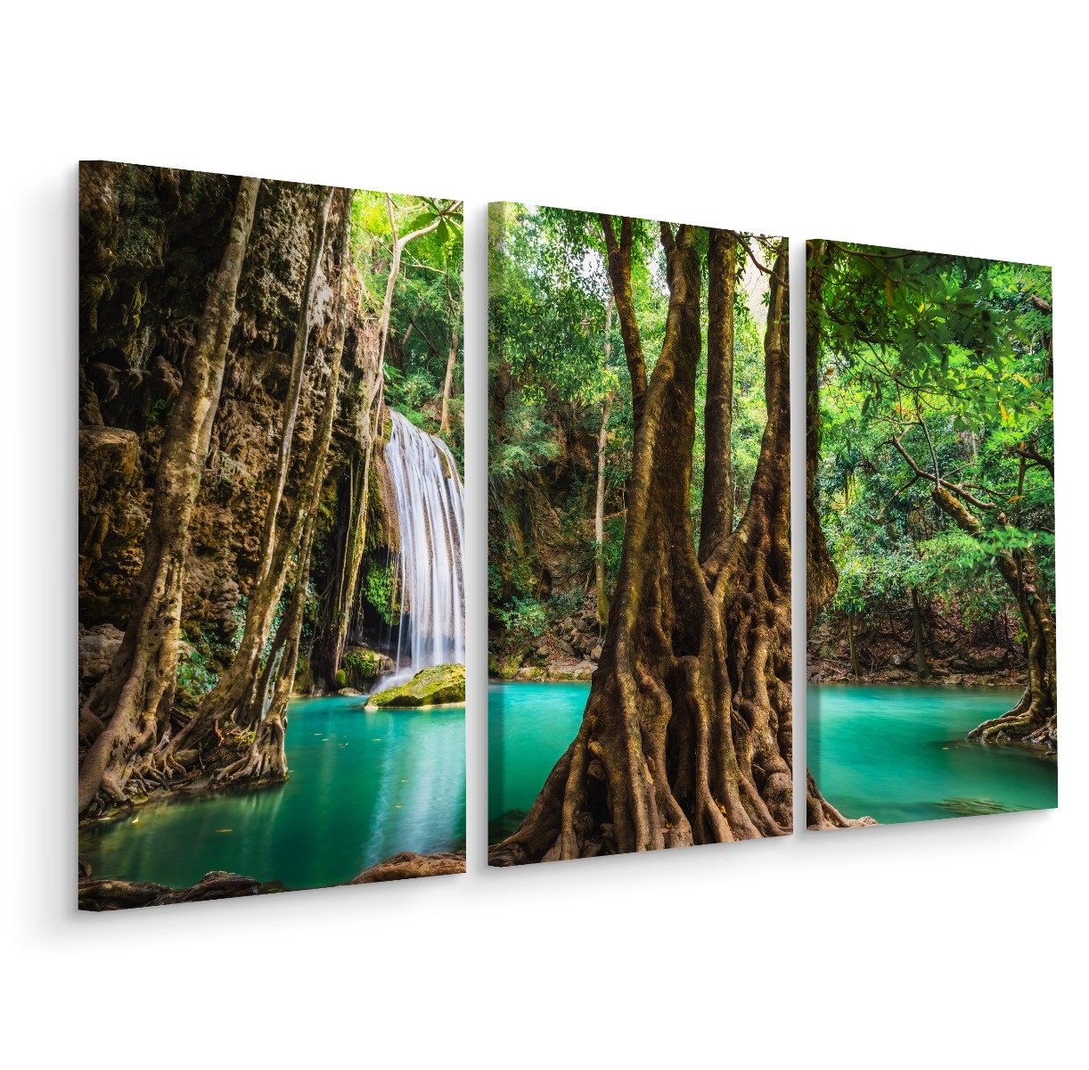 Schilderij - Erawan Waterval Thailand, 3 luik, premium print afbeelding