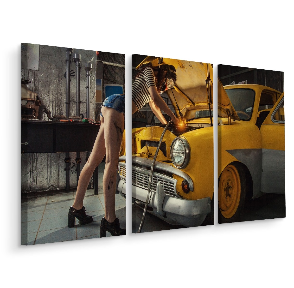 Schilderij - Gele taxi in de garage, pin-up, 3 luik, premium print afbeelding