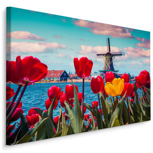 Schilderij - Hollandse tulpen en molens, multi-gekleurd, 4 maten, wanddecoratie