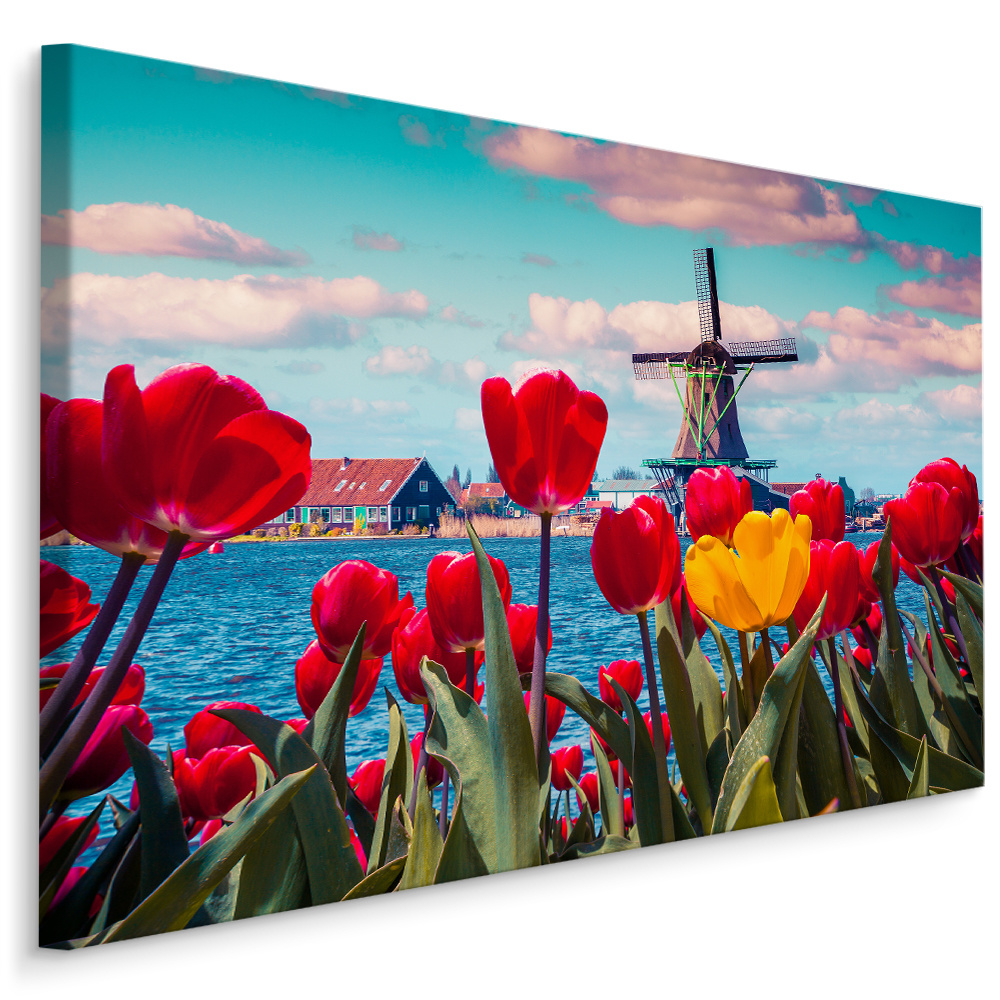 Schilderij - Hollandse tulpen en molens, multi-gekleurd, 4 maten, wanddecoratie afbeelding
