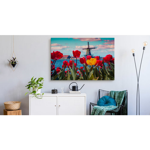 Schilderij - Hollandse tulpen en molens, multi-gekleurd, 4 maten, wanddecoratie