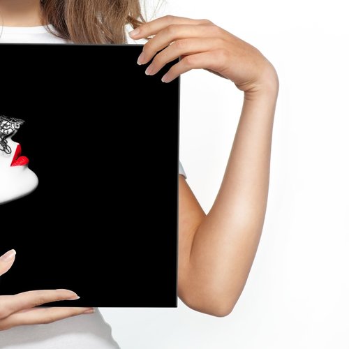Schilderij - Gemaskerde vrouw, zwart-wit/rood, 4 maten, wanddecoratie