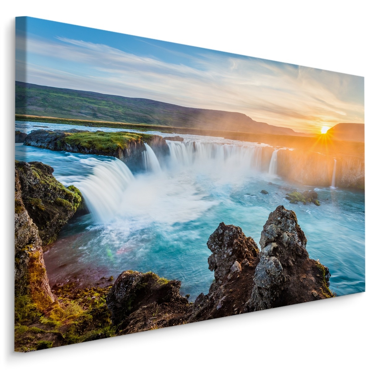 Schilderij - IJslandse waterval bij zonsondergang, multi-gekleurd, 4 maten, premium print afbeelding