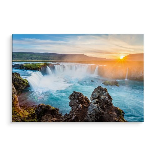 Schilderij - IJslandse waterval bij zonsondergang, multi-gekleurd, 4 maten, premium print