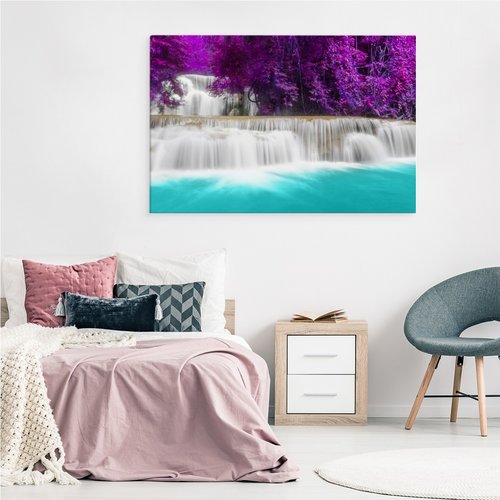 Schilderij - Wonderbaarlijke waterval, paars/blauw, 4 maten, wanddecoratie