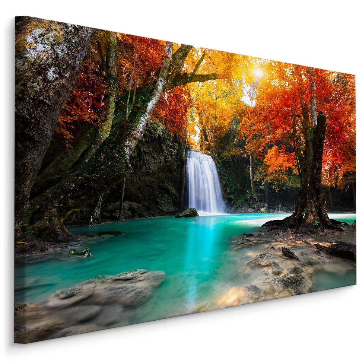 Schilderij - Waterval en herfst bos, multi-gekleurd, 4 maten, wanddecoratie afbeelding