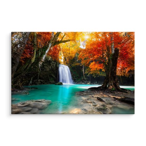Schilderij - Waterval en herfst bos, multi-gekleurd, 4 maten, wanddecoratie
