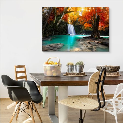 Schilderij - Waterval en herfst bos, multi-gekleurd, 4 maten, wanddecoratie