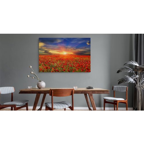 Schilderij - Klaprozen veld bij zonsondergang, multi-gekleurd, 4 maten, wanddecoratie