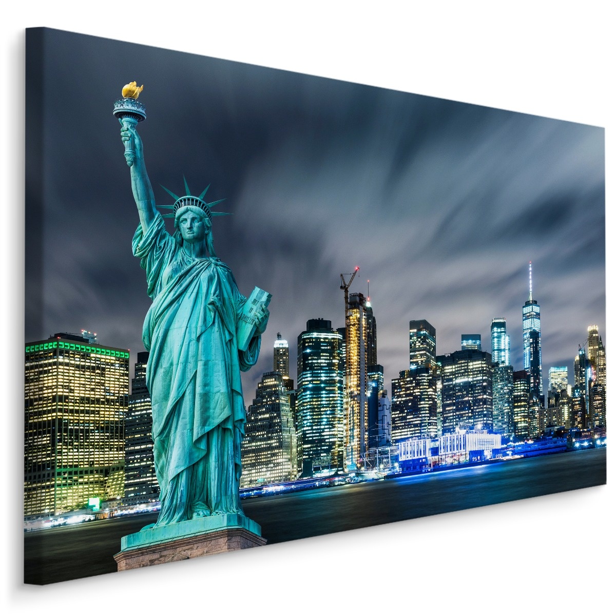 Schilderij - Vrijheidsbeeld in de avond, NYC, blauw, 4 maten, wanddecoratie afbeelding