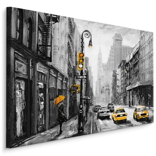 Schilderij - Regen in New York City (print op canvas), zwart-wit/geel, 4 maten, wanddecoratie