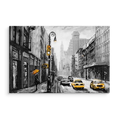 Schilderij - Regen in New York City (print op canvas), zwart-wit/geel, 4 maten, wanddecoratie