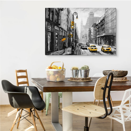 Schilderij - Regen in New York City (print op canvas), zwart-wit/geel, 4 maten, wanddecoratie