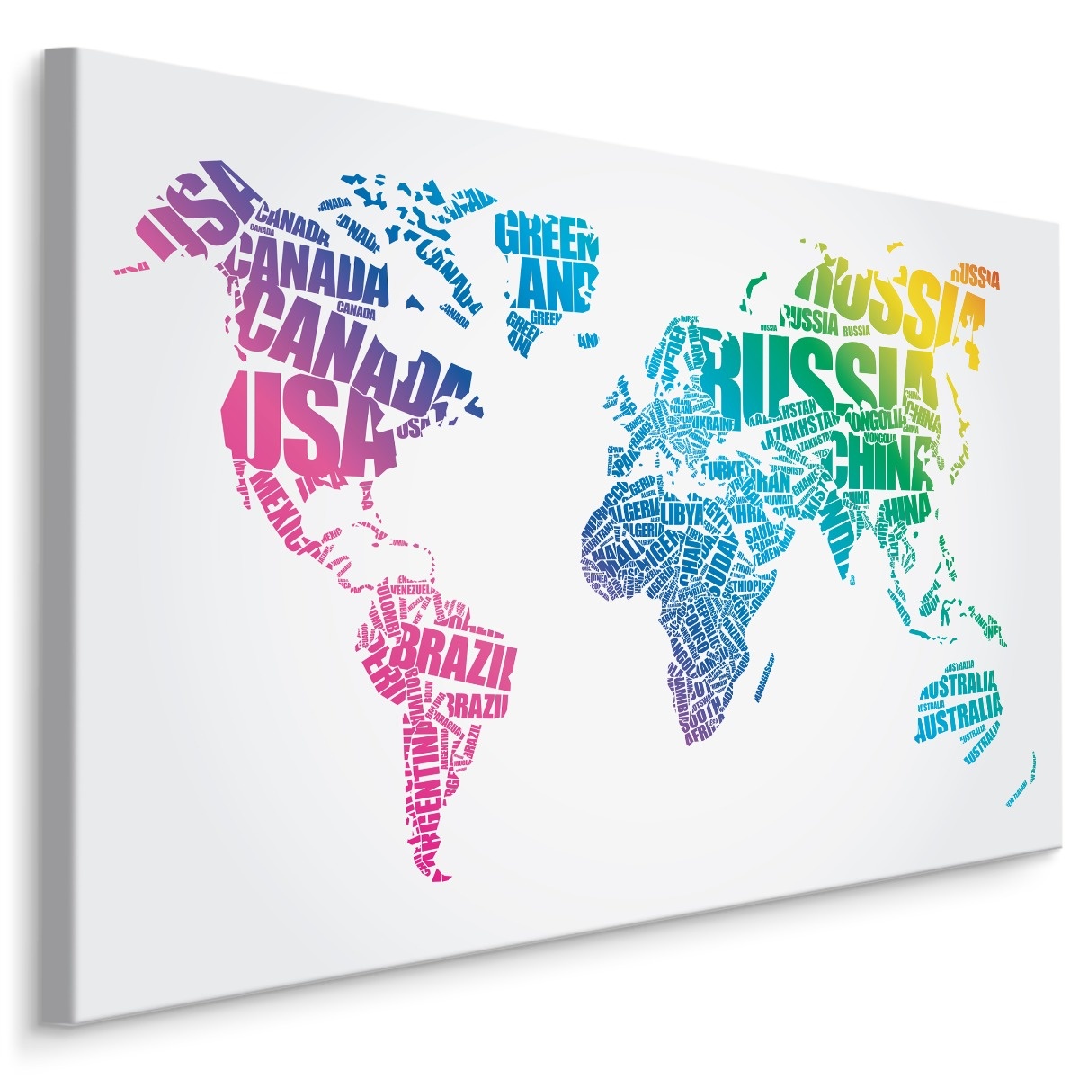 Schilderij - Wereldkaart met landnamen (engels), 4 maten, multi-gekleurd, wandecoratie afbeelding