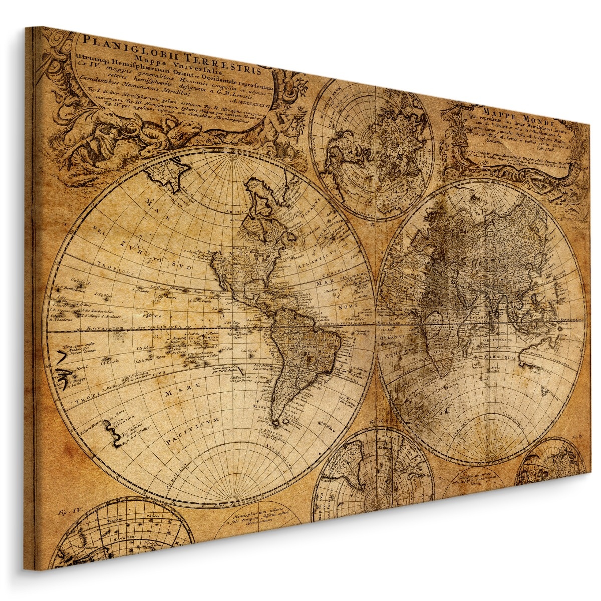 Schilderij - wereldkaart, Sepia, 4 wanddecoratie Karo-art