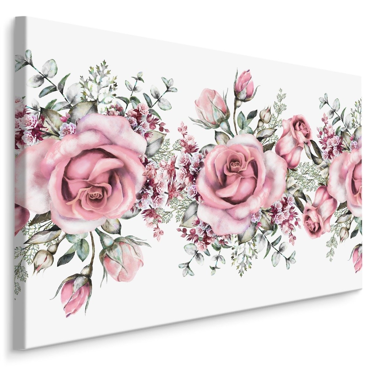 Schilderij - Roze rozen in Aquarel (print op canvas), 4 maten, wanddecoratie afbeelding