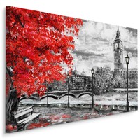 Schilderij - Uitzicht op de Thames en Big Ben in Londen (print op canvas), zwart-wit/rood, 4 maten, wanddecoratie