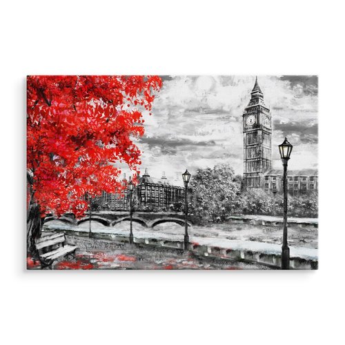 Schilderij - Uitzicht op de Thames en Big Ben in Londen (print op canvas), zwart-wit/rood, 4 maten, wanddecoratie