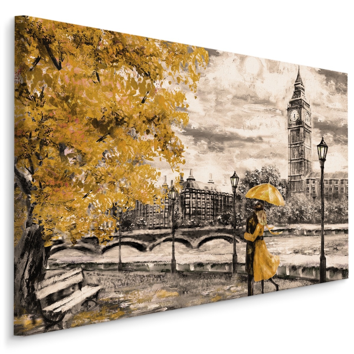 Schilderij - Geliefden in Londen (print op canvas), zwart-wit/geel, 4 maten, wanddecoratie afbeelding